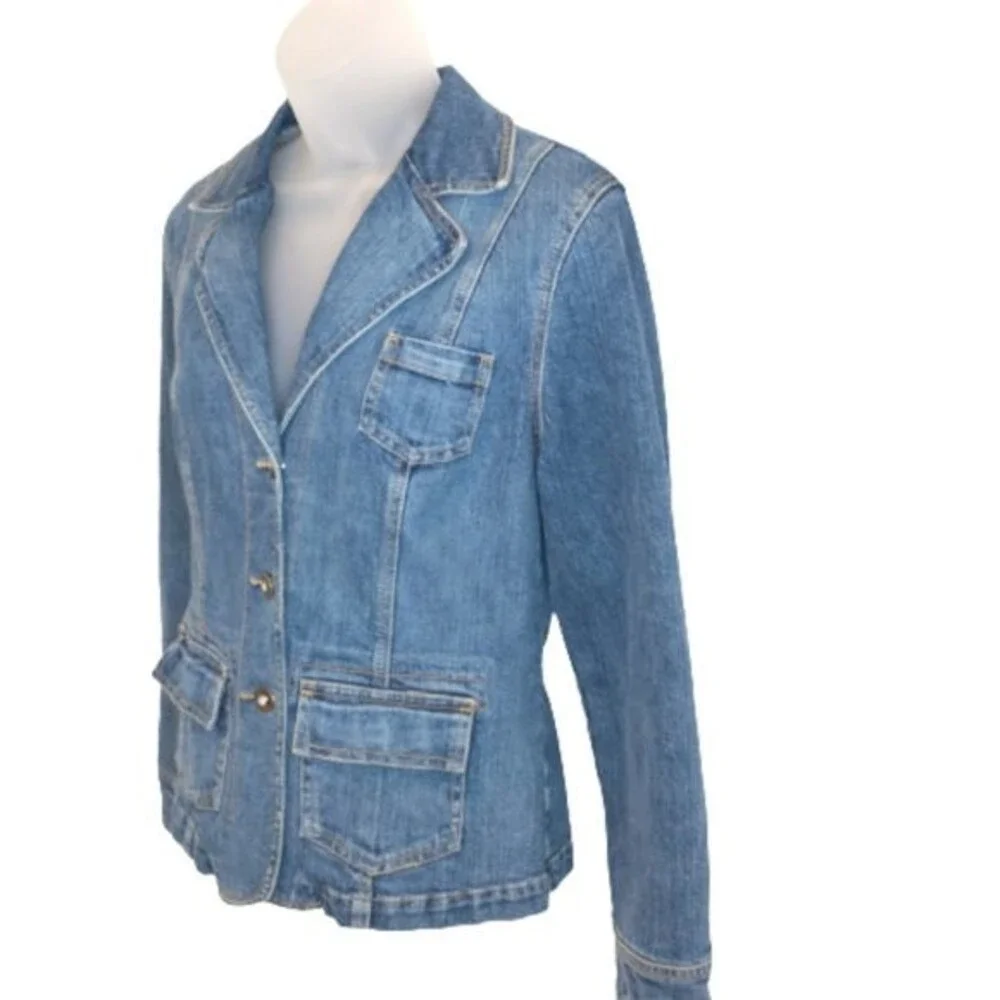 Style & Co Denim Jean Blazer Jacket with Bling Rhinestone Buttons Size S Stretch